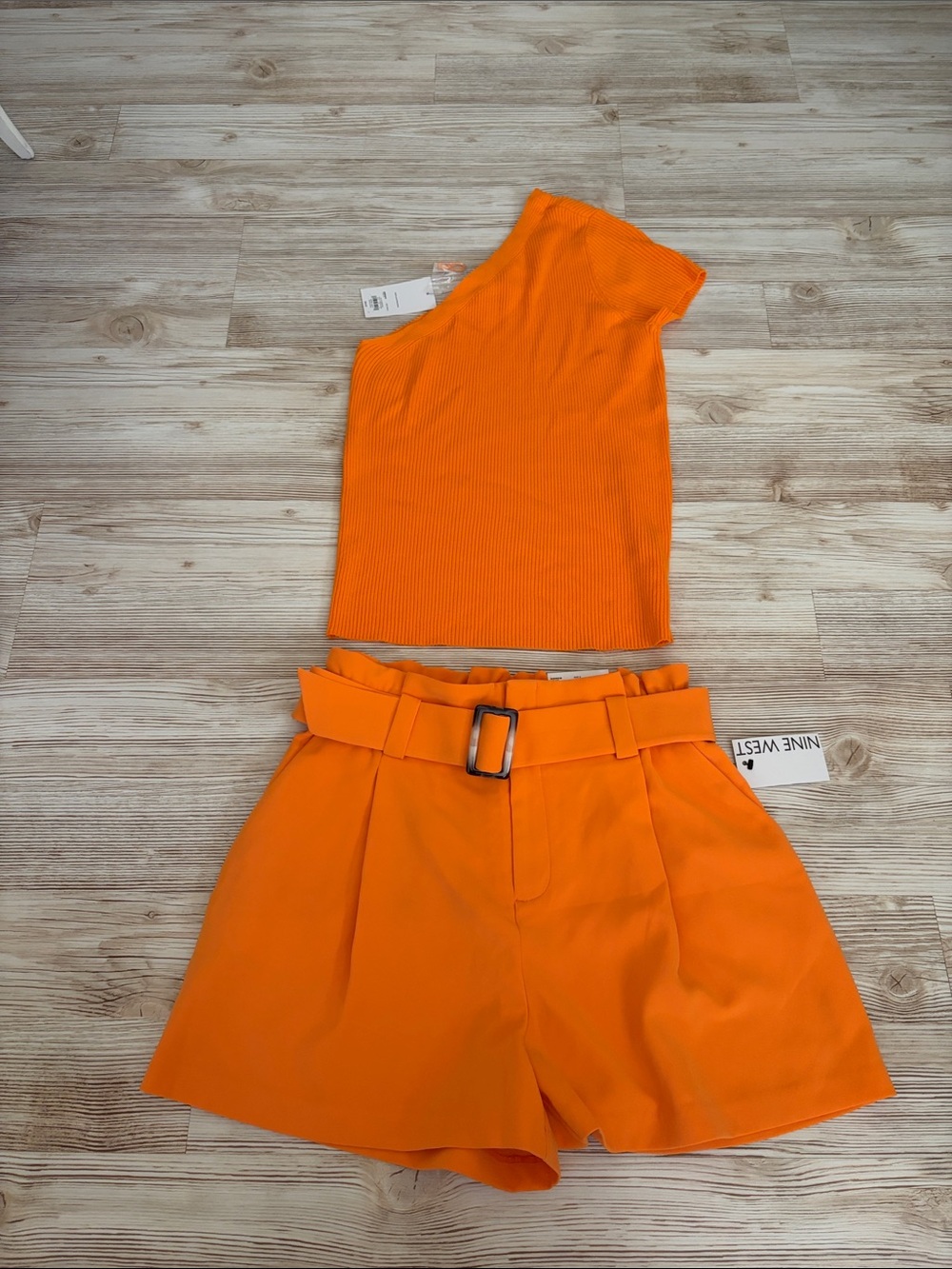 Nine West Bright Orange One-Shoulder Top & Belted High-Waist Skort Set